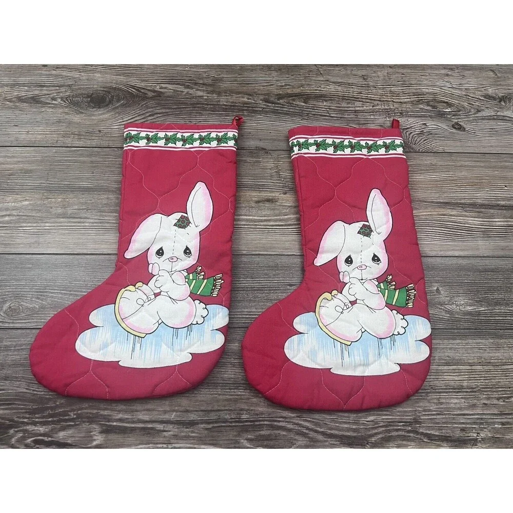Lot Of 2 Precious Moments Bear Christmas Stockings Cut n Sew‎ Finished Red 16